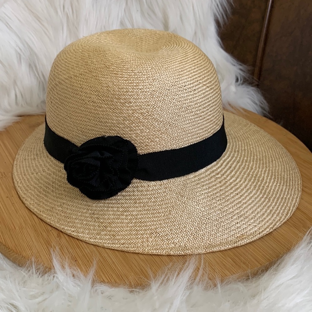 Tracey Tooker | Tan Straw Black Ribbon Floral Bow Beach Garden Golf Brim Sun Hat